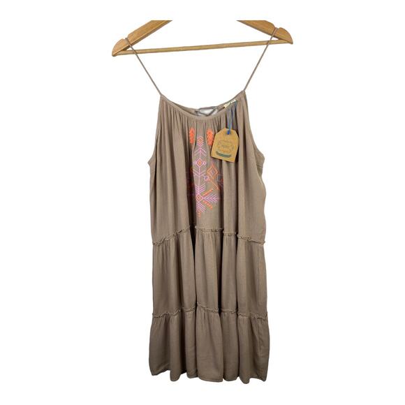 Kori America Womens Aztec Tribal Boho Tiered Embroidered Mini Dress Tan size M - Picture 1 of 10